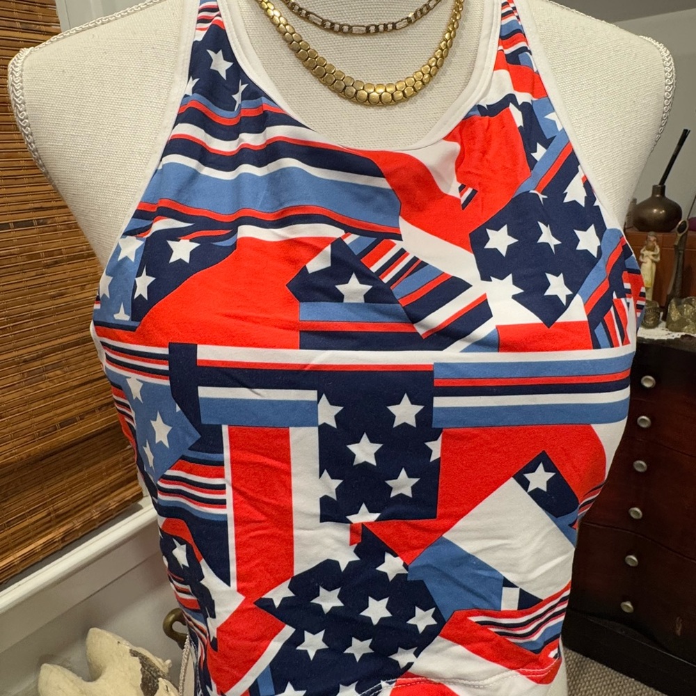 Multicolored sleeveless halter tank top with graphic design